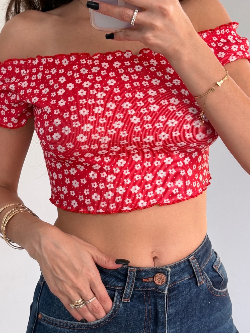SHEIN Red Ditsy Floral Off-Shoulder Smocked Crop Top